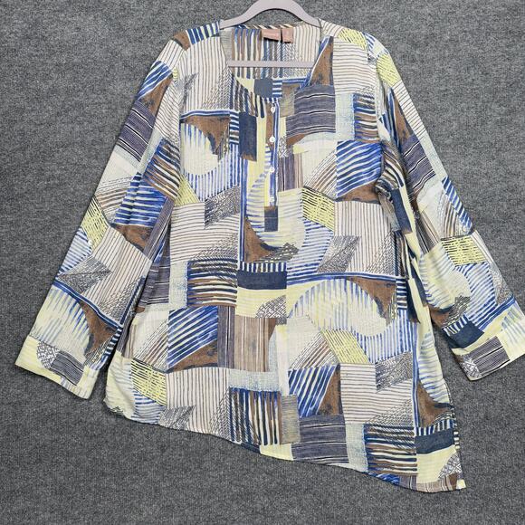 Chico's Size 3 Linear Lines Ali Top Tan Popover Asymmetrical Hem Roll Tab Sleeve - Picture 2 of 8